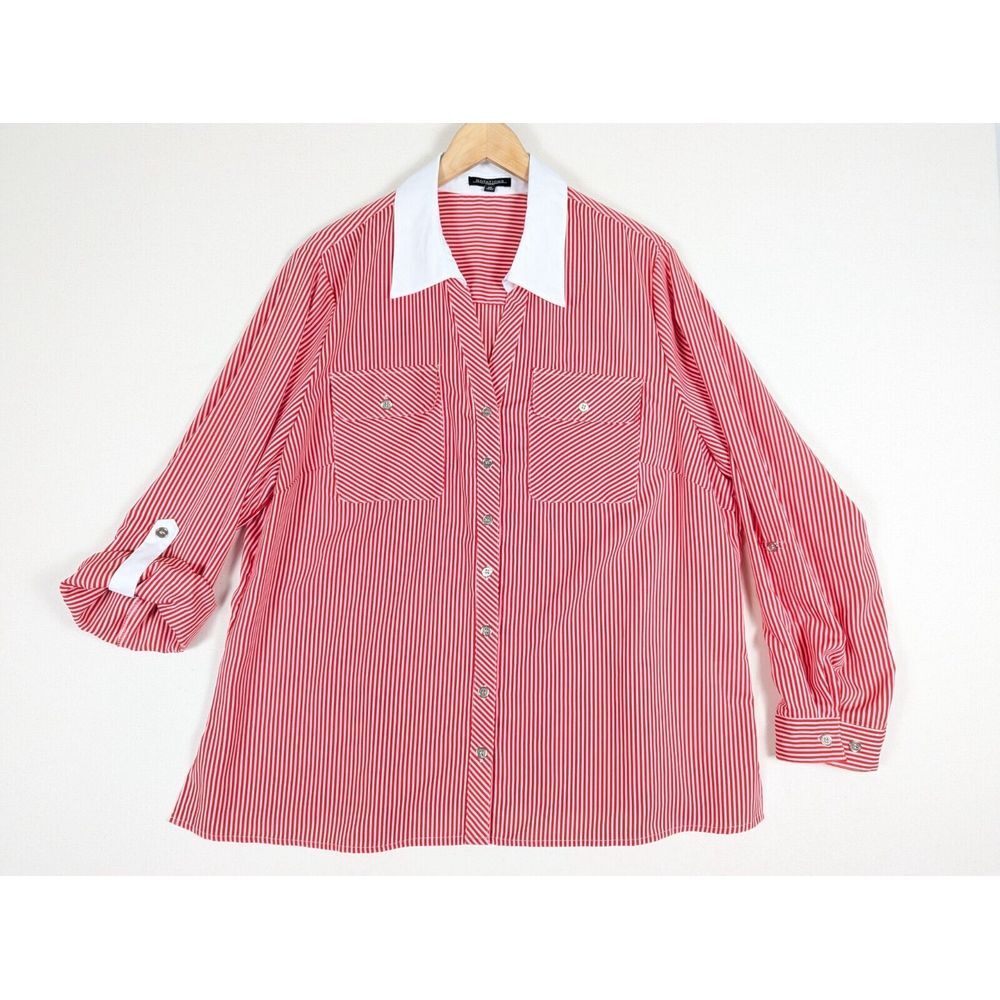 Notations Woman Top Shirt Blouse Women 2X Red and White Striped Roll Tab Sleeve